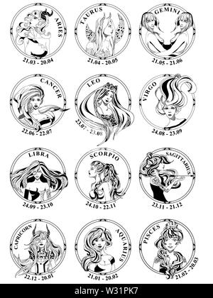 12 signs of zodiac in round frames, all elements of fire, aqua, earth, air. Black and white silhouette of girls portrait. Design for logo, calendar. Stock Photo