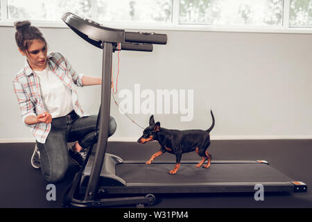 On race track. Dark-haired owner of black dog feeling involved in training him on race track Stock Photo