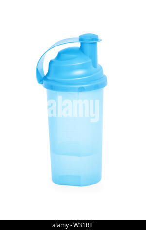 Blue protein shaker isolated on white background. Stock Photo