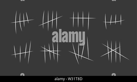 Prison symbols, Jail tally marks. Hand drawn Lines or sticks, strokes sorted by four and crossed out. Vector illustration. Stock Vector