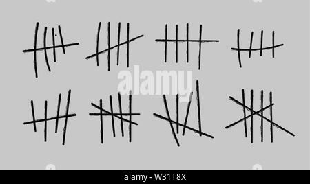Prison symbols, Jail tally marks. Hand drawn Lines or sticks, strokes sorted by four and crossed out. Vector illustration. Stock Vector
