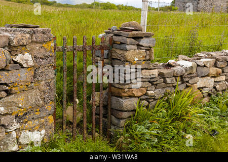 Rusted iron gate in old stone wall in County Galway Ireland Stock Photo