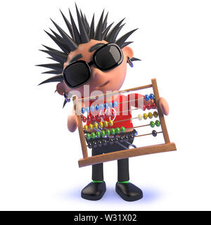 Rendered 3d image of a cartoon punk rocker kid in 3d holding an abacus Stock Photo