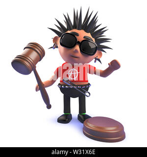 Rendered 3d image of a punk rocker kid in cartoon 3d holding an auction gavel Stock Photo