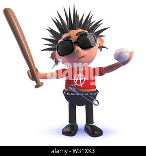 Rendered 3d image of a 3d punk rocker cartoon character holding a baseball bat and ball Stock Photo
