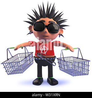 Rendered 3d image of a punk rocker cartoon character holding shopping baskets in 3d Stock Photo