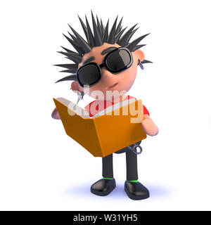 Rendered 3d image of a 3d cartoon punk rocker kid reading a book Stock Photo