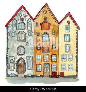 Hand drawn watercolor and ink illustration of medieval houses in european old town street. Design for tourists goods, backgrounds. Stock Photo