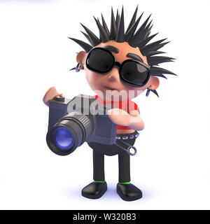 Rendered 3d image of a cartoon 3d punk rocker character taking pictures with a camera Stock Photo