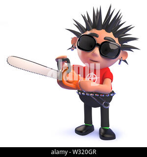 Rendered 3d image of a punk rocker cartoon character in 3d playing with a chainsaw Stock Photo