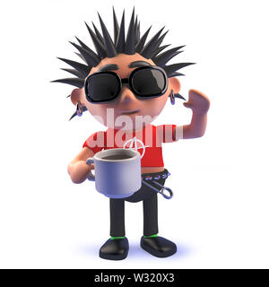 Rendered image of a cartoon punk rocker 3d character drinking a cup of coffee Stock Photo