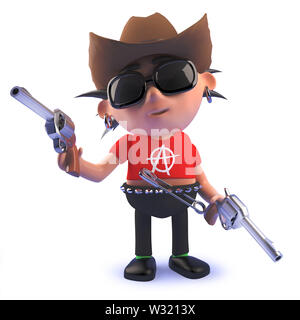 Rendered image of a cartoon 3d punk rocker character dressed as a cowboy with guns Stock Photo