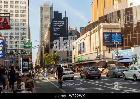 A billboard on the side of a building in Midtown Manhattan on Tuesday, July 9, 2019 informs viewers of the privacy afforded by using Apple devices.  (© Richard B. Levine) Stock Photo