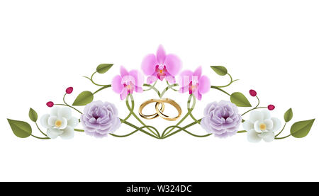 floral wedding decoration with interwined wedding rings Stock Photo