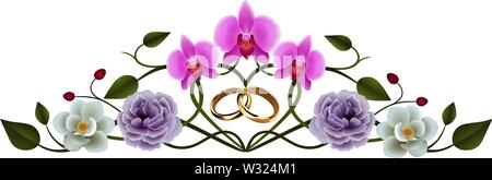 floral wedding decoration with interwined wedding rings Stock Vector
