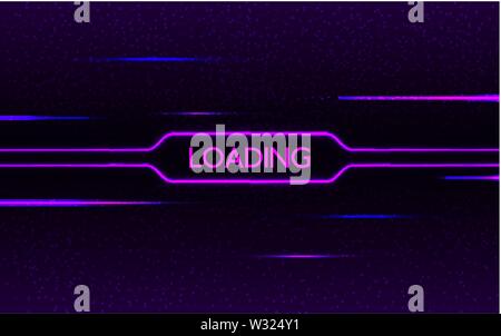 Glitch neon loading. Cyberpunk futuristic concept. Purple and blue glowing lights on dark pixel background. Creative design with color lines. Neon Stock Vector