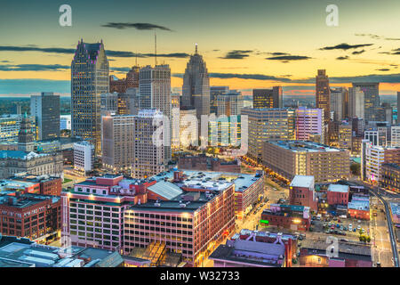 Detroit, Michigan, USA downtown skyline from above at dusk. Stock Photo