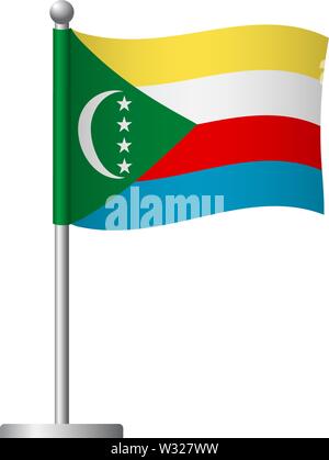 Comoros flag on pole. Metal flagpole. National flag of Comoros vector illustration Stock Vector