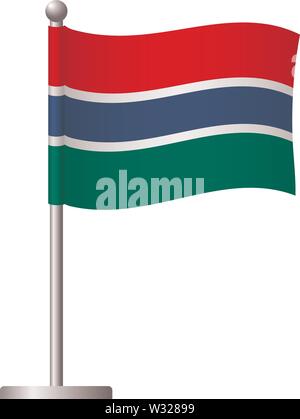 Gambia flag on pole. Metal flagpole. National flag of Gambia vector illustration Stock Vector