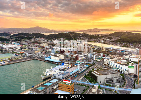 Shimonoseki, Japan skyline over the Kanmon Straits. Stock Photo