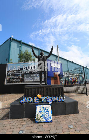 Birkenhead, UK. 11th July, 2019. A general view of the Johnny King statue outside Prenton Park before the Pre-Season Friendly match between Tranmere Rovers and Liverpool at Prenton Park on July 11th 2019 in Birkenhead, England. (Photo by Tony Taylor/phcimages.com) Credit: PHC Images/Alamy Live News Stock Photo