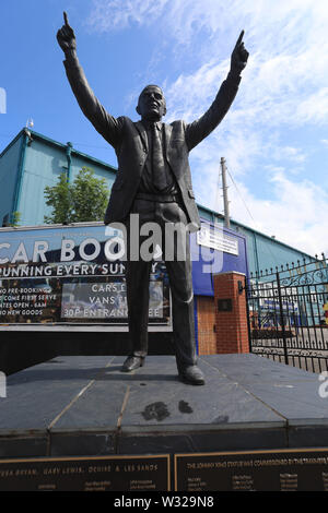 Birkenhead, UK. 11th July, 2019. A general view of the Johnny King statue outside Prenton Park before the Pre-Season Friendly match between Tranmere Rovers and Liverpool at Prenton Park on July 11th 2019 in Birkenhead, England. (Photo by Tony Taylor/phcimages.com) Credit: PHC Images/Alamy Live News Stock Photo