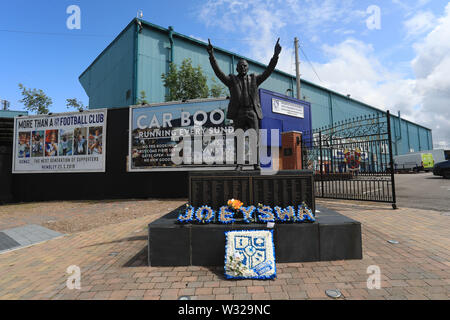 Birkenhead, UK. 11th July, 2019. A general view of the Johnny King statue outside Prenton Park before the Pre-Season Friendly match between Tranmere Rovers and Liverpool at Prenton Park on July 11th 2019 in Birkenhead, England. (Photo by Tony Taylor/phcimages.com) Credit: PHC Images/Alamy Live News Stock Photo