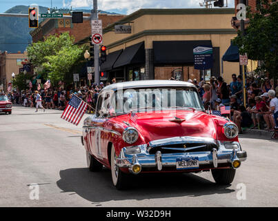 1955 Studebaker President classic car driving in the annual Fourth of July Parade; small mountain town of Salida; Colorado; USA Stock Photo