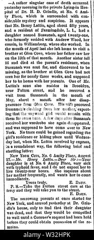 Susannah Lattin (1848–1868) in the Commercial Advertiser of New York City on August 29, 1868 Stock Photo