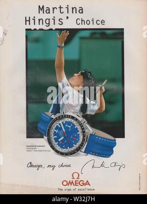 poster advertising OMEGA watch in paper magazine from 1998 year, Martina Hingis Choice slogan, advertisement, creative OMEGA advert Stock Photo