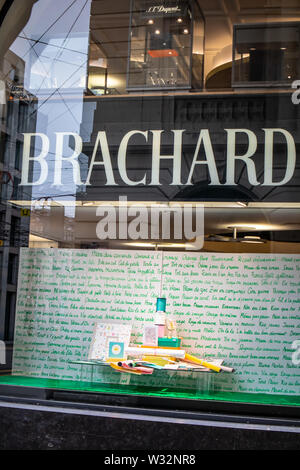 Geneva, Switzerland, Mar 2019 stylish stationery Papeterie Brachard store, office accessories, color paper, clips, pencils, price on display for sale Stock Photo