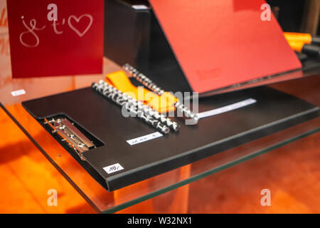 Geneva, Switzerland, Mar 2019 stylish stationery Papeterie Brachard store, office accessories, color paper, clips, pencils, price on display for sale Stock Photo