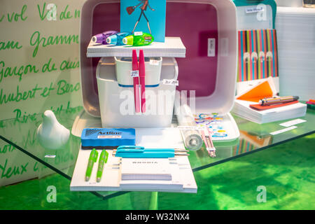 Geneva, Switzerland, Mar 2019 stylish stationery Papeterie Brachard store, office accessories, color paper, clips, pencils, price on display for sale Stock Photo