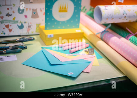 Geneva, Switzerland, Mar 2019 stylish stationery Papeterie Brachard store, office accessories, color paper, clips, pencils, price on display for sale Stock Photo