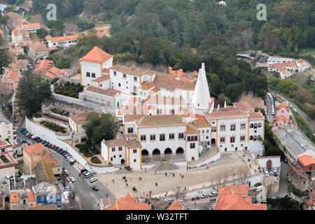 An areal view of the Sintra National Palace from the Castle of the Moors in Sintra, Portugal Stock Photo