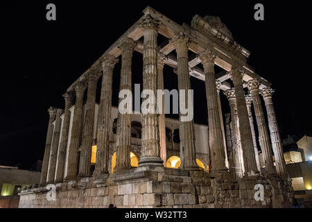 The Roman Temple of Diana at night in Merida, Spain Stock Photo