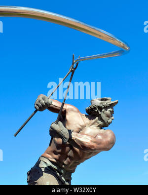 Bronze statue of muscular man forming a steel rod, United States Steel/POSCO, Pittsburg, CA, USA, South Korea, statue by Sculptor Frank Vitale,1993 Stock Photo