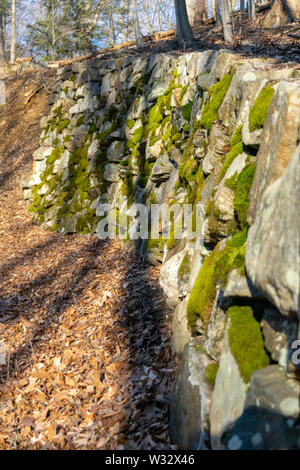 Ancient wall made of moss-covered stones alongside a small forest path Stock Photo
