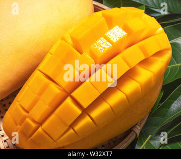 Fresh Mango - Juicy diced fruit in bamboo sieve on green color leaves background. Tropical summer concept. Top view, close up, macro, copy space. Stock Photo