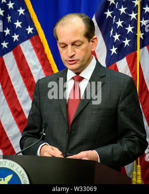 United States Secretary of Labor Alex Acosta holds a press conference at the Department of Labor in Washington, DC on Wednesday, July 10, 2019. He was discussing his prosecution of Jeffrey Epstein in Florida in 2008.Credit: Ron Sachs/CNP (RESTRICTION: NO New York or New Jersey Newspapers or newspapers within a 75 mile radius of New York City) | usage worldwide Stock Photo