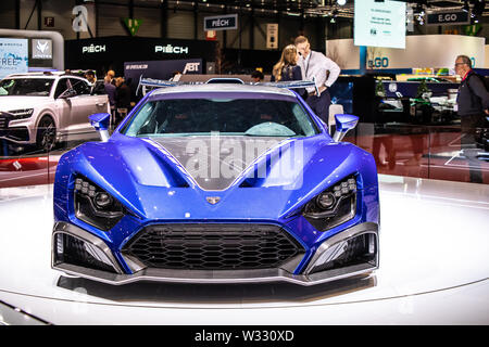 Geneva, Switzerland, March 2019: metallic blue Zenvo TSR-S in Zenvo Automotive exhibition site at Geneva International Motor Show Stock Photo