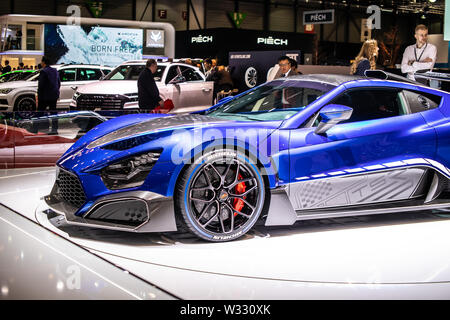 Geneva, Switzerland, March 2019: metallic blue Zenvo TSR-S in Zenvo Automotive exhibition site at Geneva International Motor Show Stock Photo