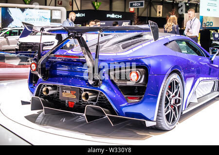 Geneva, Switzerland, March 2019: metallic blue Zenvo TSR-S in Zenvo Automotive exhibition site at Geneva International Motor Show Stock Photo