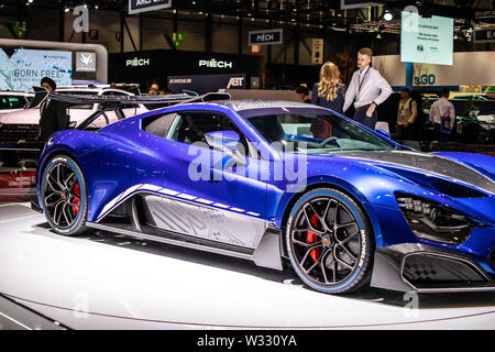 Geneva, Switzerland, March 2019: metallic blue Zenvo TSR-S in Zenvo Automotive exhibition site at Geneva International Motor Show Stock Photo