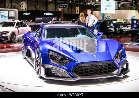 Geneva, Switzerland, March 2019: metallic blue Zenvo TSR-S in Zenvo Automotive exhibition site at Geneva International Motor Show Stock Photo