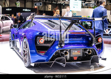 Geneva, Switzerland, March 2019: metallic blue Zenvo TSR-S in Zenvo Automotive exhibition site at Geneva International Motor Show Stock Photo