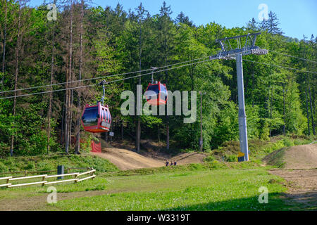 Maribor, Slovenia - May 2, 2019: Pohorska vzpenjaca cable car at lower station in Maribor, Slovenia, a popular destination for hiking and downhill Stock Photo