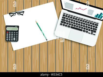 Abstract paper for background on wood. With metal pencil, mobile smartphone and laptop. Vector illustration. Stock Vector