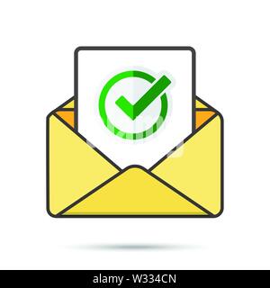 Email with document and round green check mark icon. successful verification concepts. Vector email icon Stock Vector