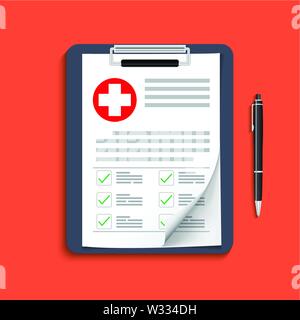 Clipboard with medical cross and pen. Clinical record, prescription, claim, medical check marks report, health insurance concepts. Premium quality. Stock Vector